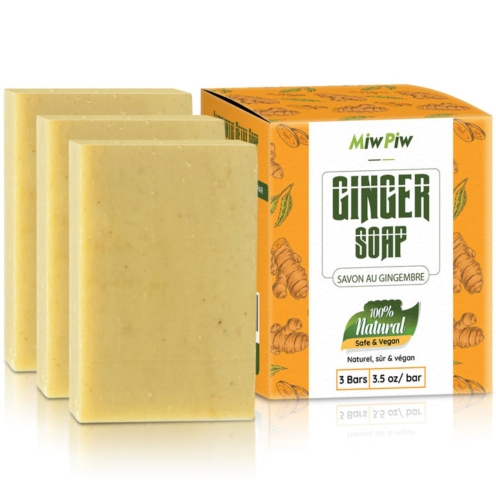 Miw Piw ginger soap front packaging shows triple-bar value and natural benefits