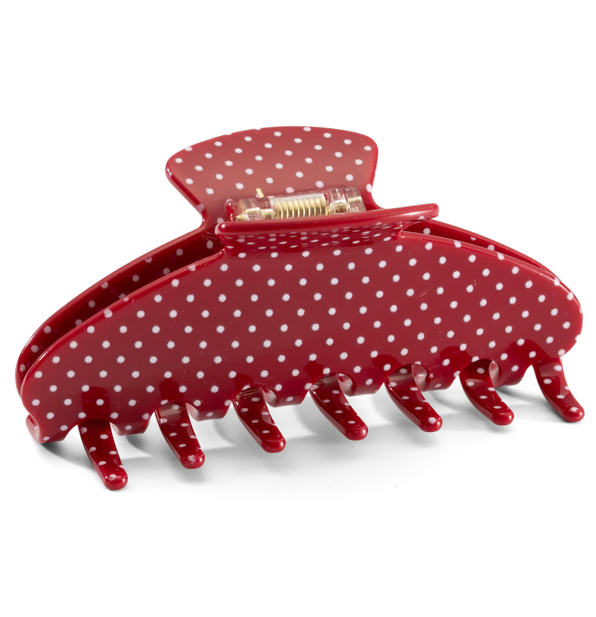 Mixcbe red polka dot 4-inch claw clip front view shows stylish pattern and secure hold