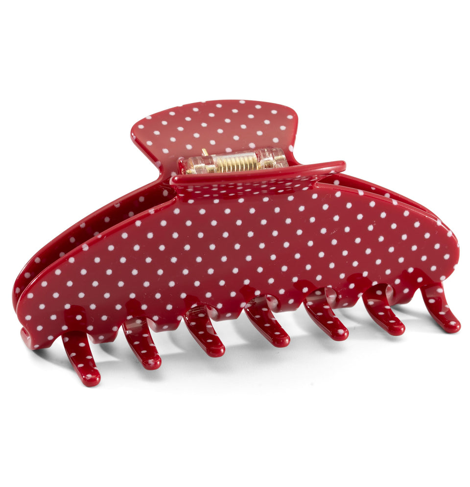 Mixcbe red polka dot 4-inch claw clip front view shows stylish pattern and secure hold