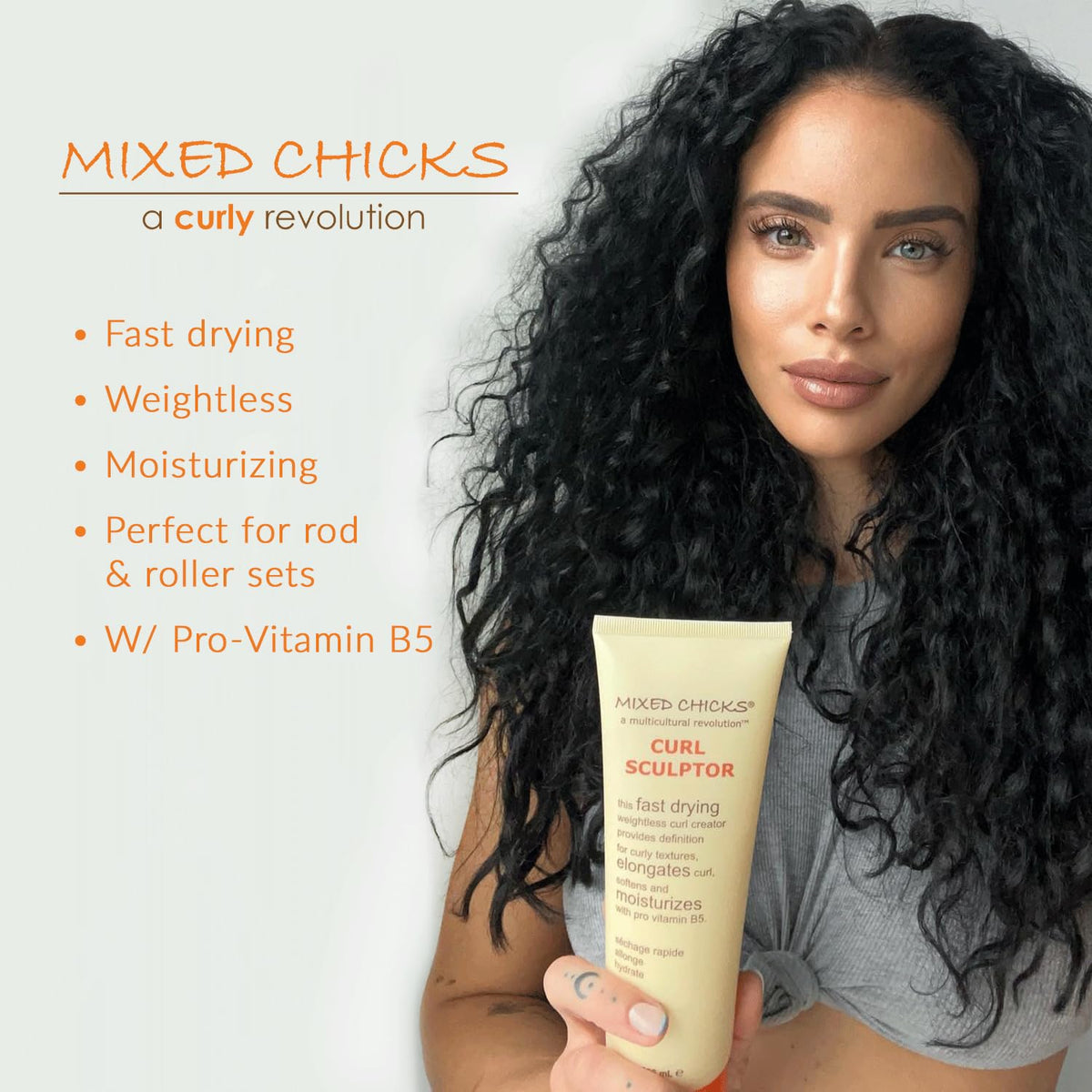 Mixed Chicks dispensing texture on palm highlighting lightweight feel