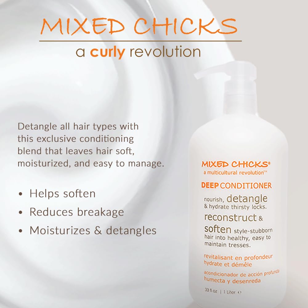 Mixed Chicks pouring conditioner to show rich slip and manageable application