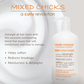 Mixed Chicks pouring conditioner to show rich slip and manageable application