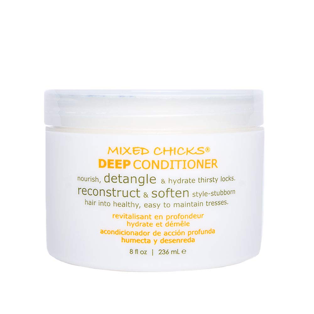Mixed Chicks detangling deep conditioner jar front view shows label and size for easy identification and purchase
