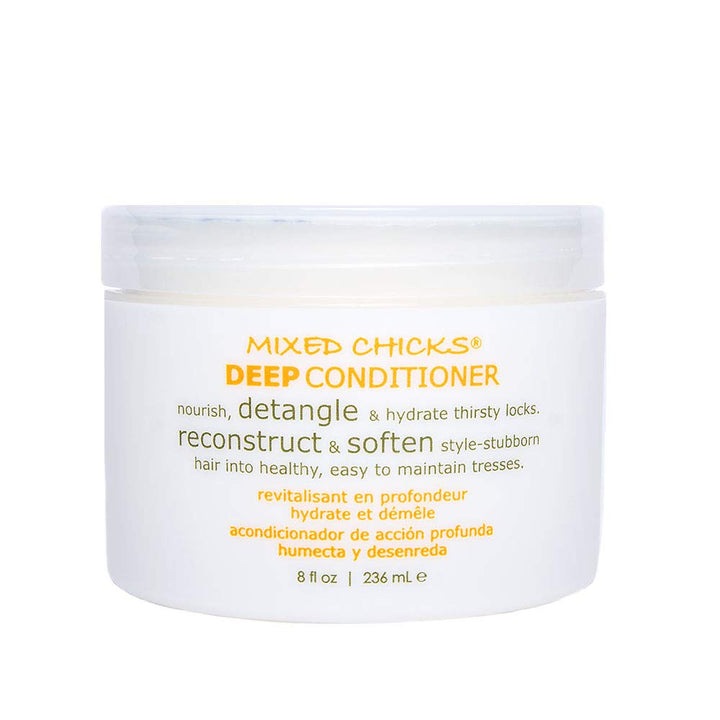 Mixed Chicks detangling deep conditioner jar front view shows label and size for easy identification and purchase