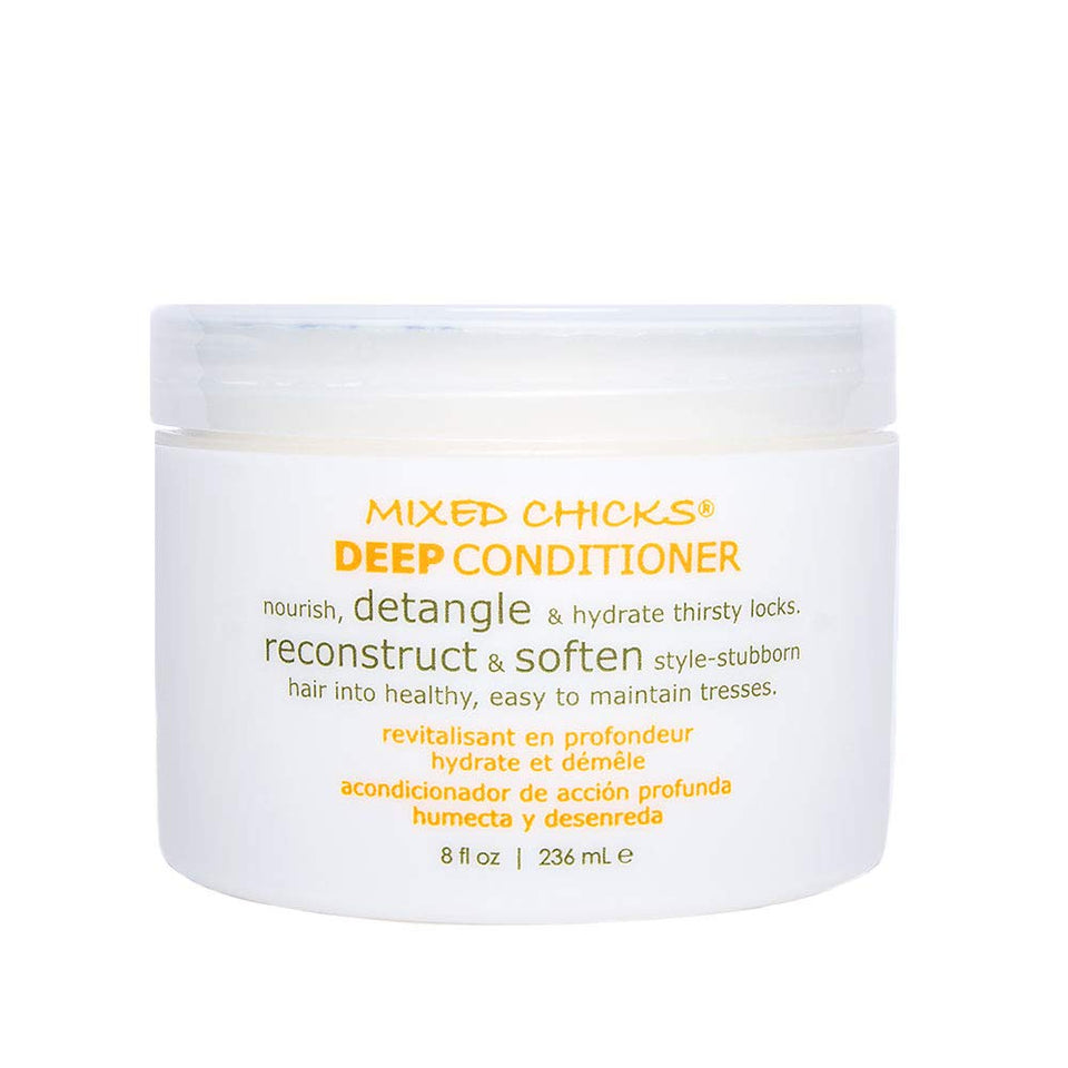 Mixed Chicks detangling deep conditioner jar front view shows label and size for easy identification and purchase