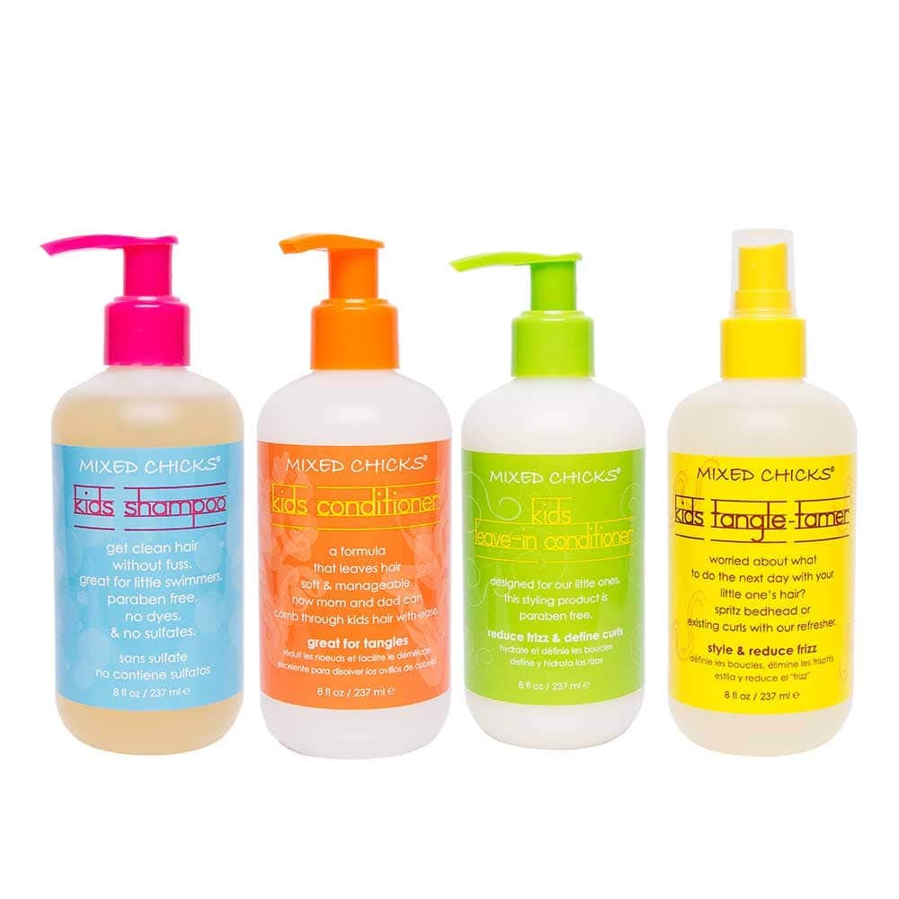 Mixed Chicks front packaging showing full kids quad, gentle routine benefit