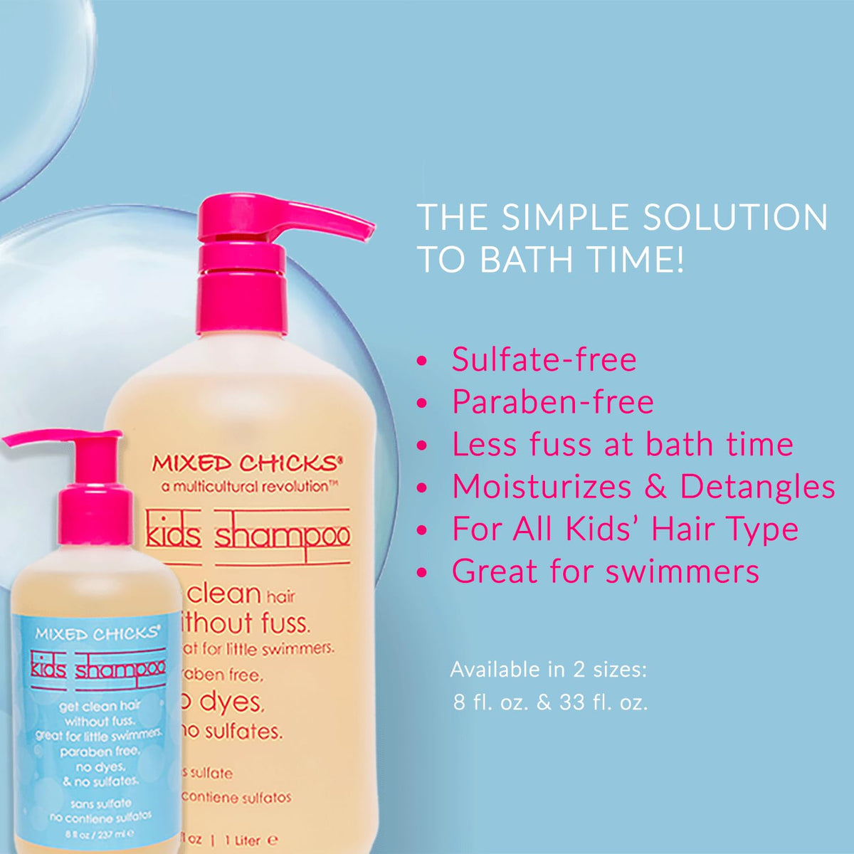 Mixed Chicks pump dispensing shampoo demonstrating easy, spill-free use