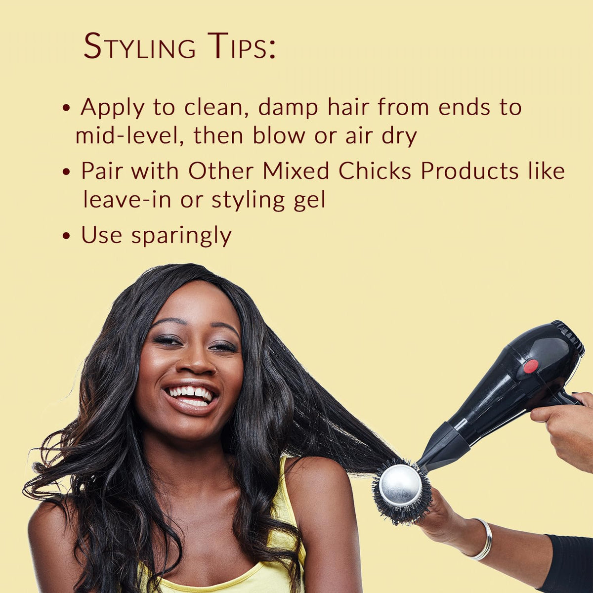 Mixed Chicks used on curls to reduce frizz and restore gloss