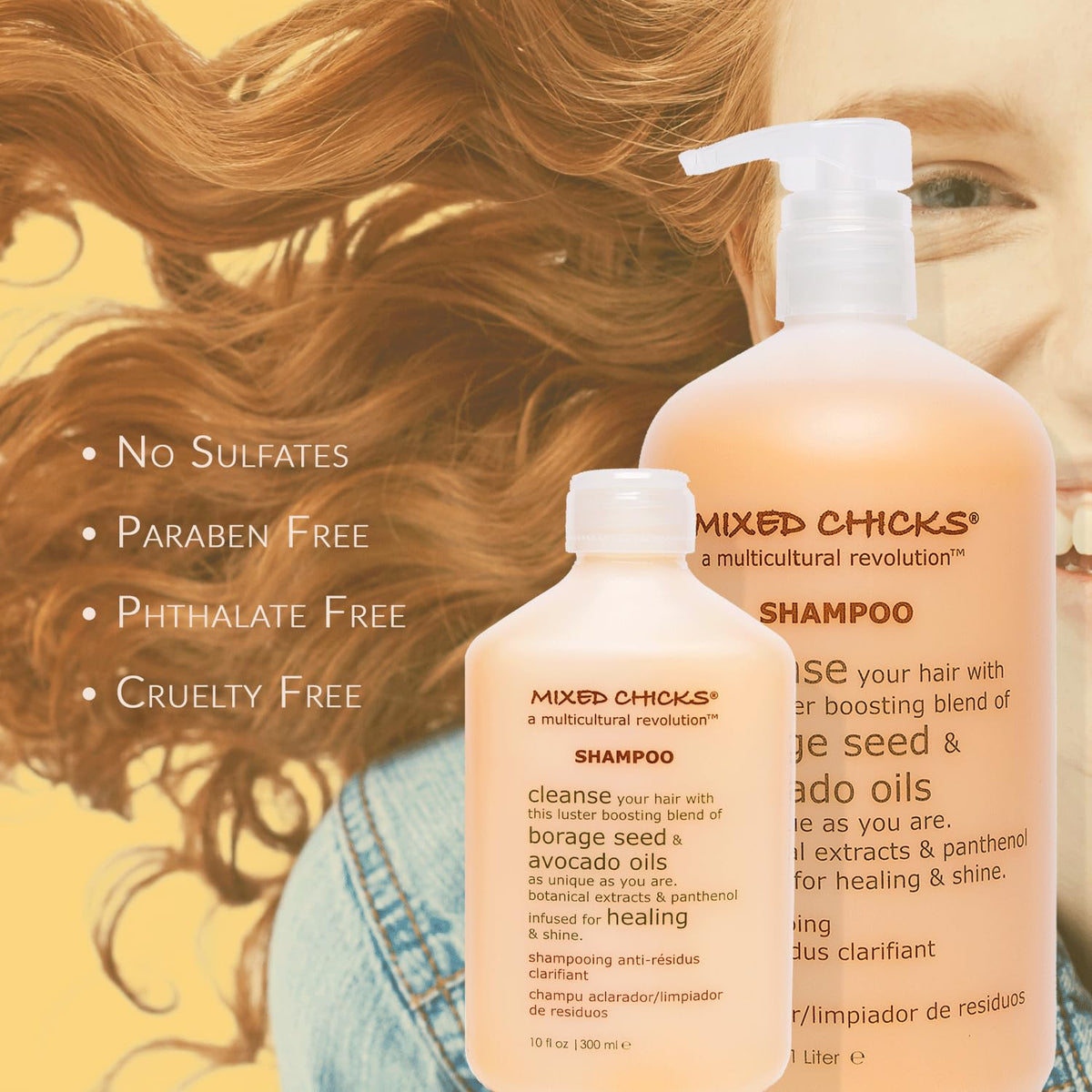 Mixed Chicks shampoo texture close-up, creamy clarity for gentle yet effective cleaning