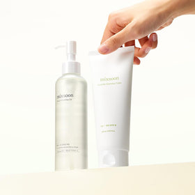 mixsoon set on bathroom sink demonstrating double cleanse for clearer hydrated skin