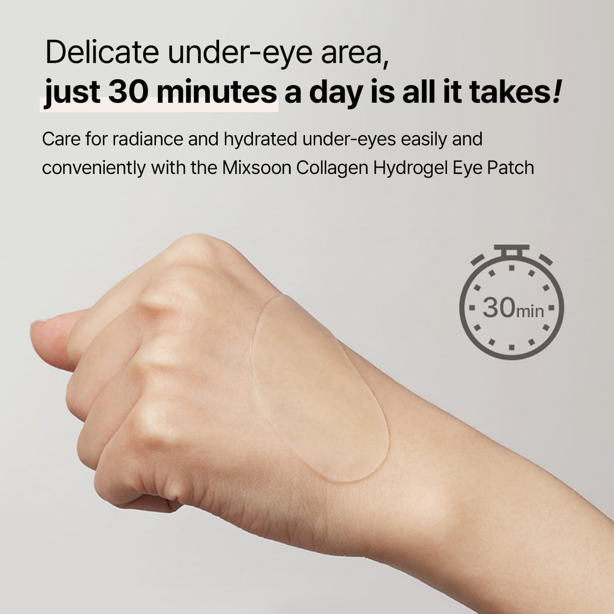 mixsoon patch applied under eye demonstrating comfortable, non-slip cooling fit
