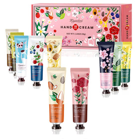 MIYUELENI front packaging showing ten travel-size hand creams and fragrance variety