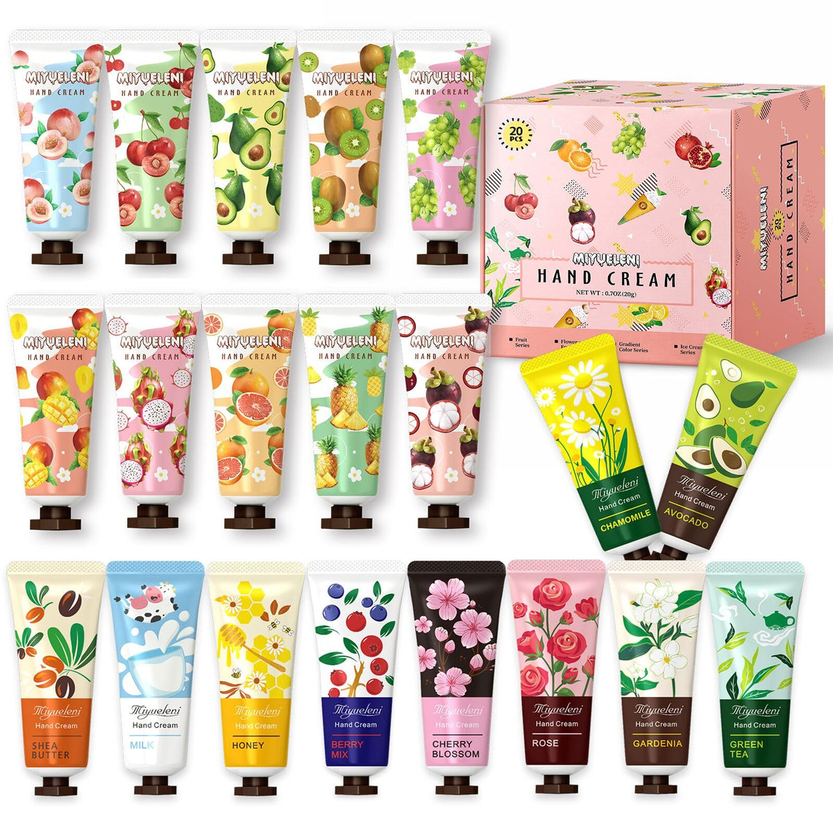 MIYUELENI front packaging showing 20 tubes and variety benefit
