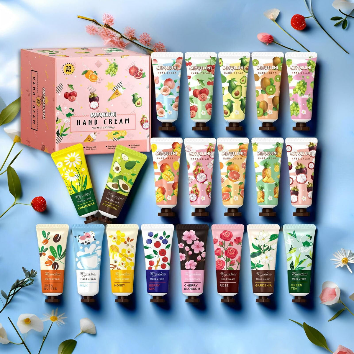 MIYUELENI flatlay of all scent varieties showing easy selection benefit