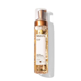 Mizani front view of foam wrap bottle showing label and benefit of defined curls