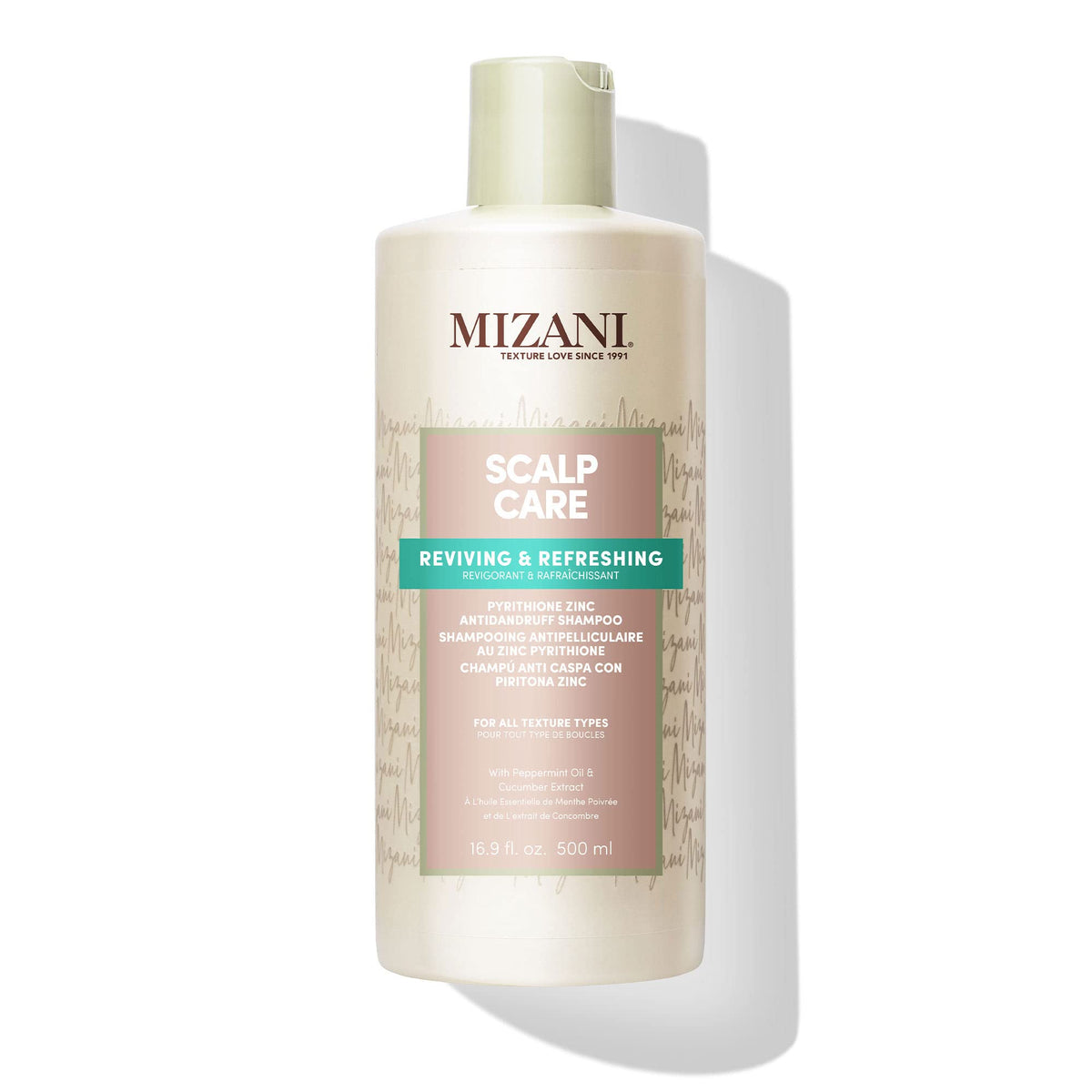 Mizani front label showing product name and benefits for clear scalp