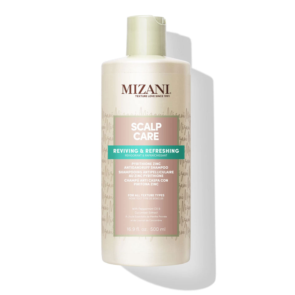 Mizani front label showing product name and benefits for clear scalp