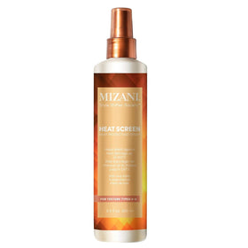 Mizani bottle front view showing protective spray and glossy finish benefit
