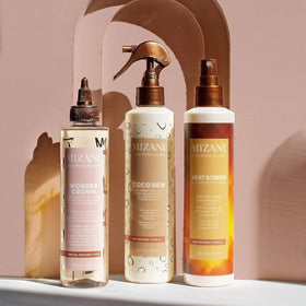 Product label close-up highlighting Mizani directions and styling benefits