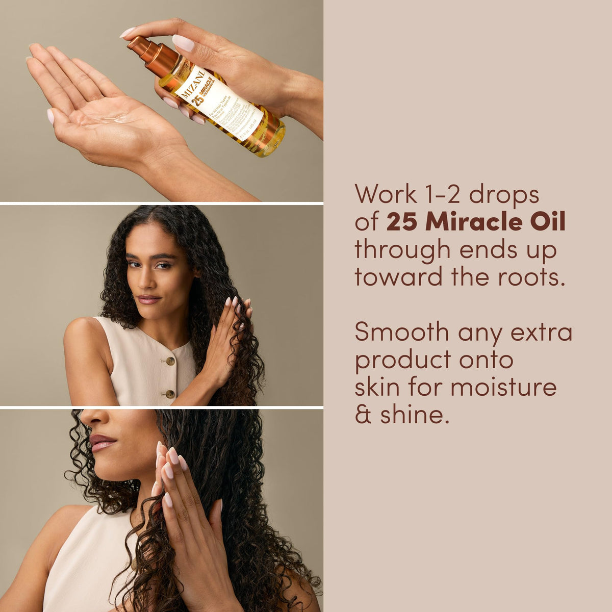 Mizani applied on curly hair in use to reduce frizz and enhance curl definition