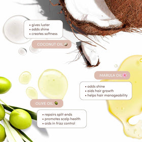 Mizani ingredients display with coconut marula and olive oils for hydration