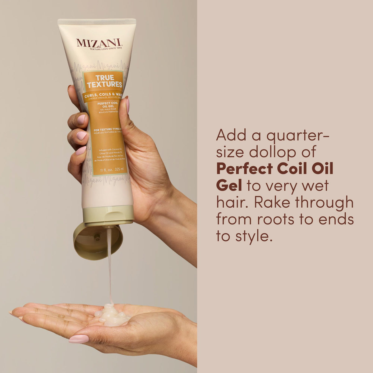 Mizani product with olive, coconut, marula visuals implying natural moisture