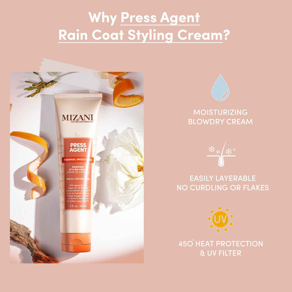 Mizani open cap revealing cream appearance and pourability for styling