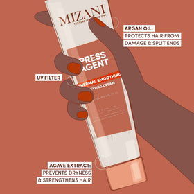 Mizani cream beside argan oil bottle emphasizing moisturizing benefit