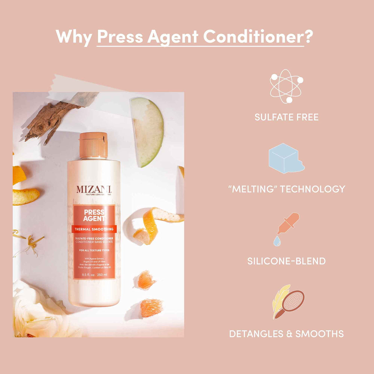 Mizani Press Agent bottle staged on bathroom shelf suggesting daily routine benefits