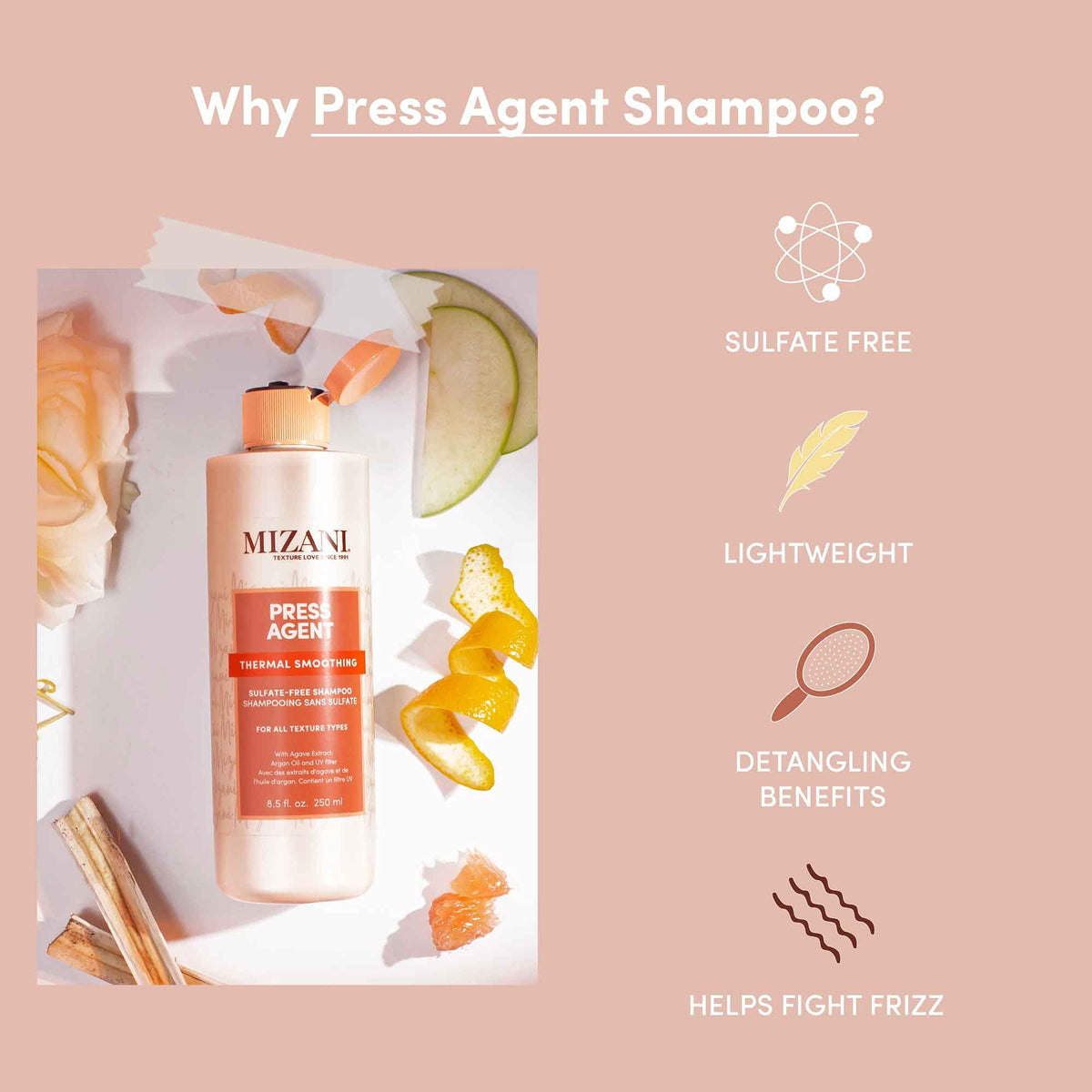 Mizani scent ingredients pink grapefruit and mandarin evoking freshness