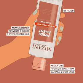 Mizani Press Agent paired with Raincoat serum to show layered styling benefits