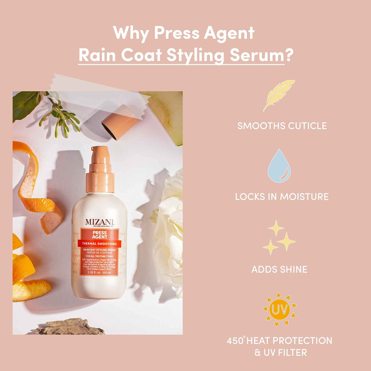 Mizani serum texture on skin showing lightweight gloss and smooth slip benefit