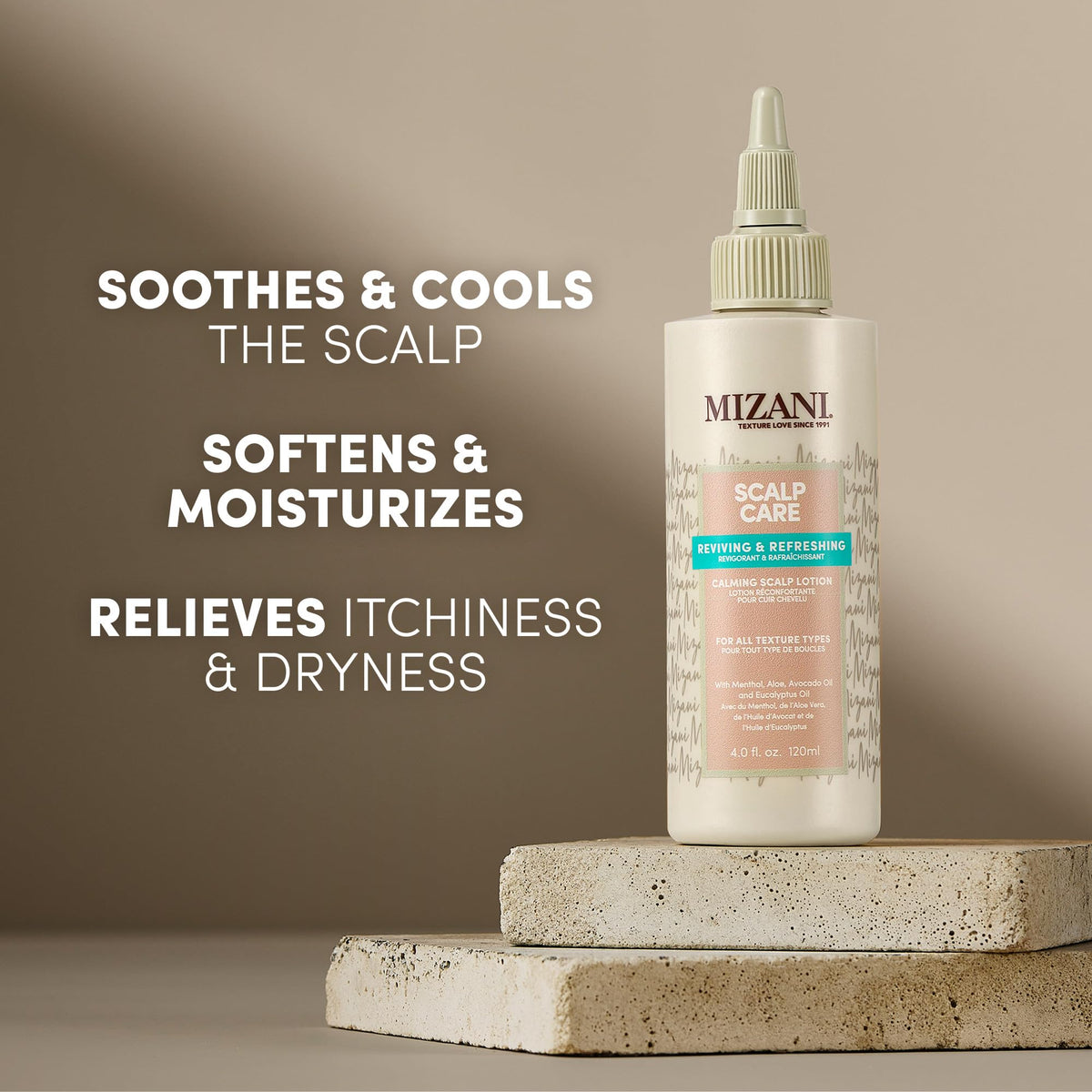 Mizani lotion pump and label close-up highlighting ingredient list and easy dispensing
