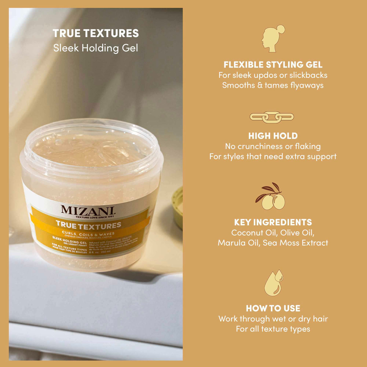 close-up of Mizani gel texture highlighting smooth, non-flaky finish benefit