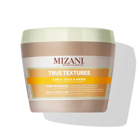 Mizani jar front view showing sleek holding gel branding and firm hold benefit