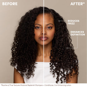 Mizani applied to damp hair demonstrating frizz control and definition