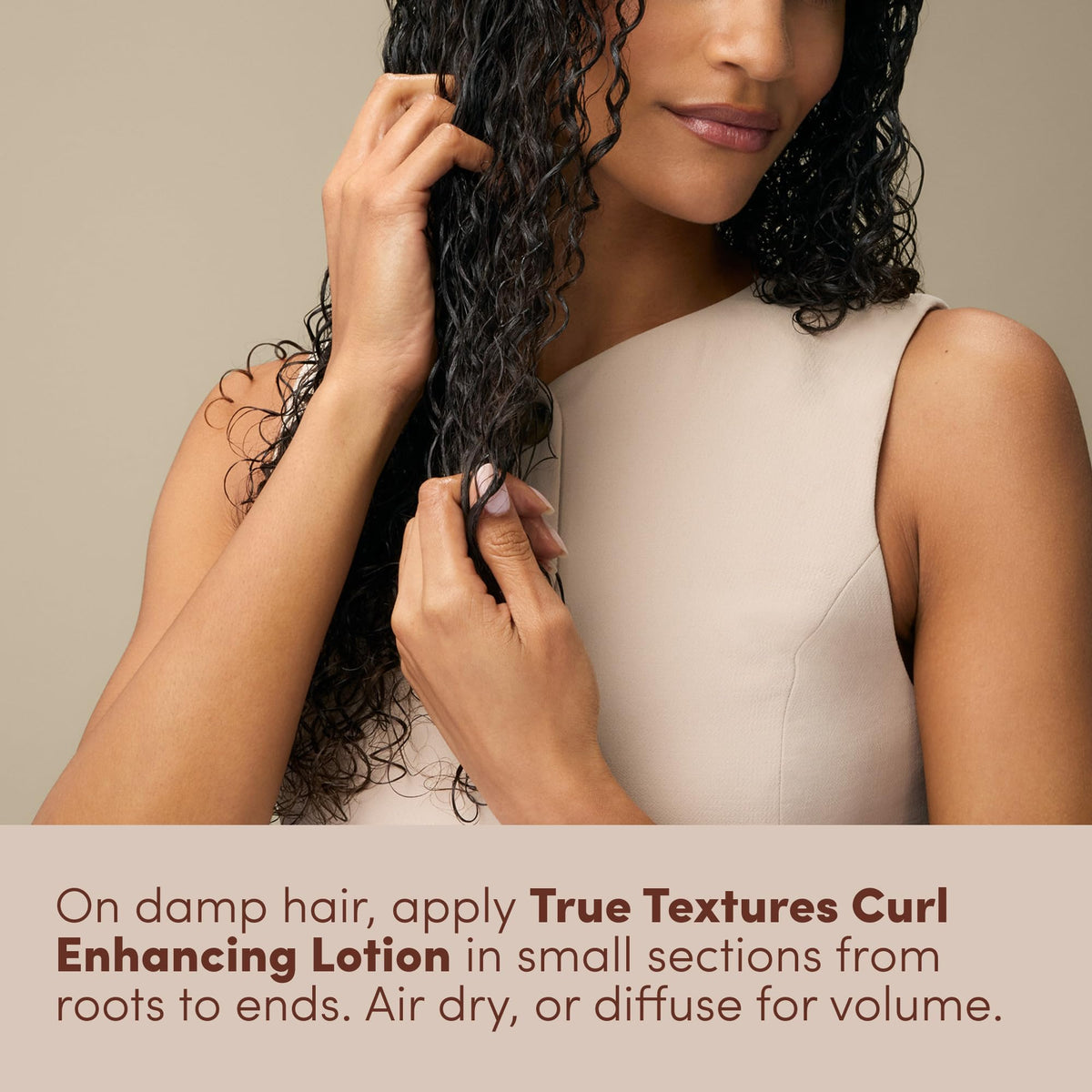 Mizani styled hair after diffusing showing bouncy, shiny curls