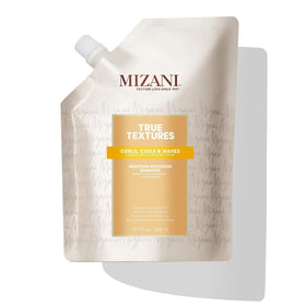 Mizani front packaging showing bottle and size, highlights moisturizing benefits