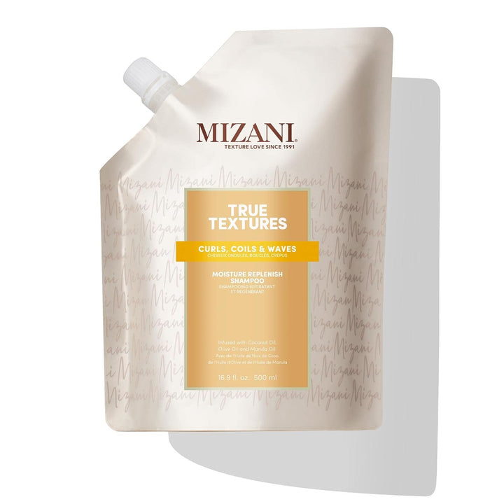 Mizani front packaging showing bottle and size, highlights moisturizing benefits