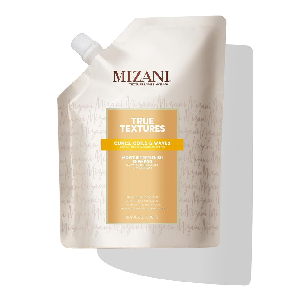 Mizani front packaging showing bottle and size, highlights moisturizing benefits