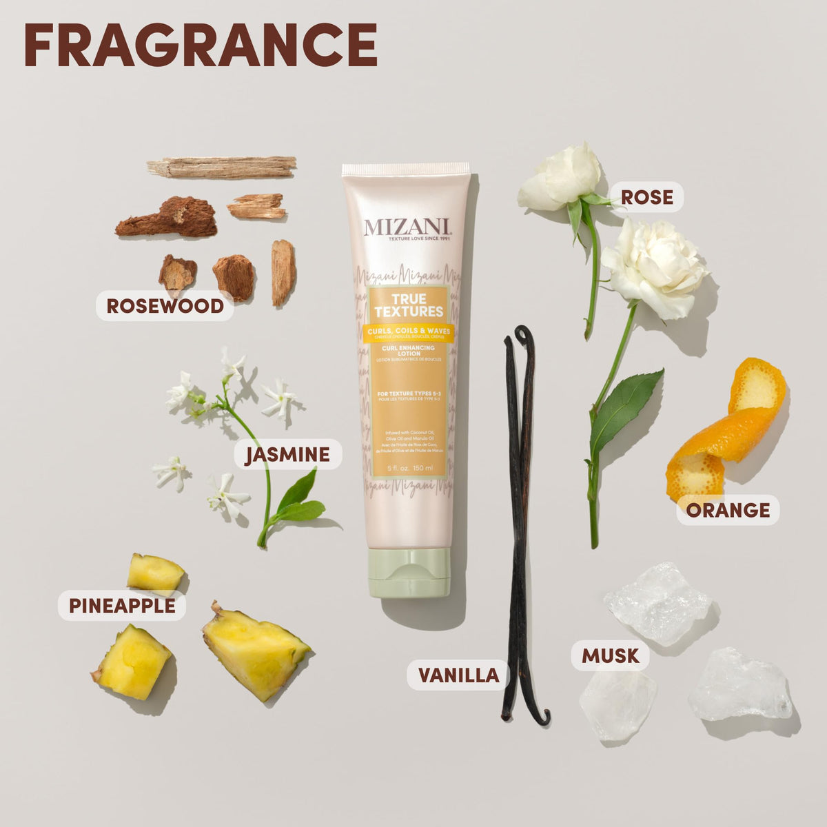 Mizani ingredient display with coconut marula olive oils for hydration