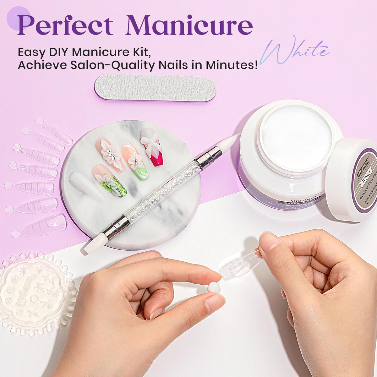 MIZHSE application in progress forming a nail extension to show at-home or salon use