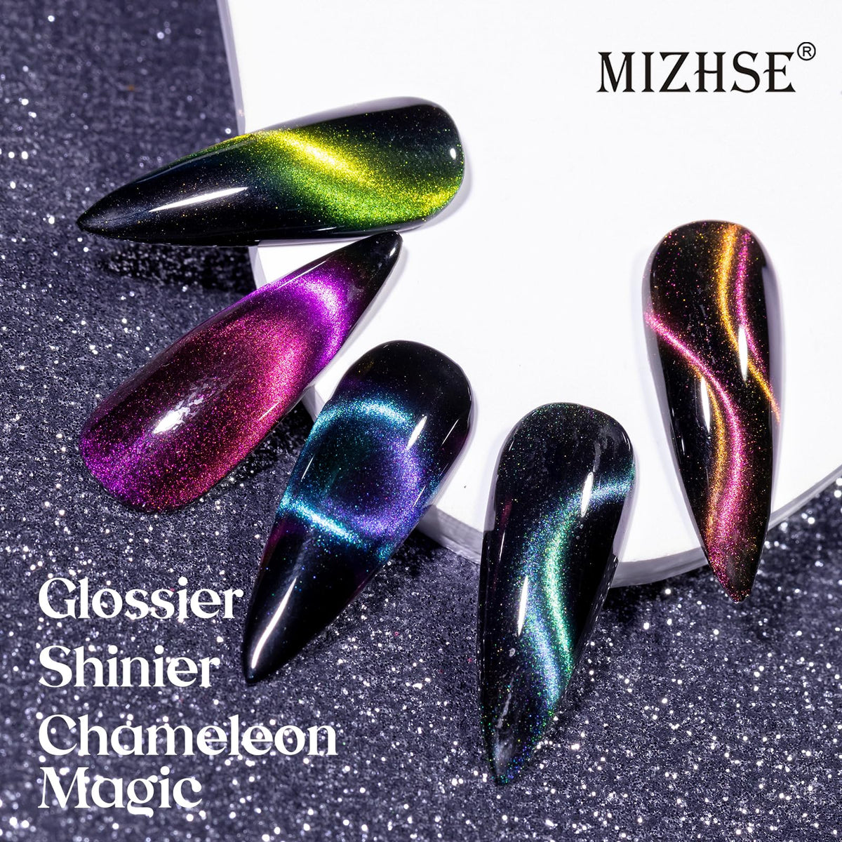 MIZHSE colorful swatch array displaying eight chameleon gel shades for design ideas