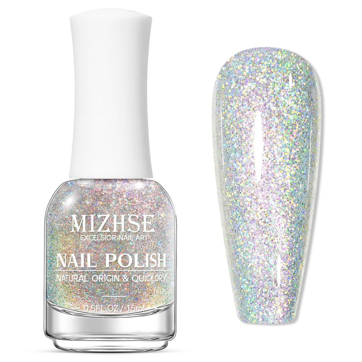 MIZHSE front bottle showing rainbow glitter polish and glossy finish benefit