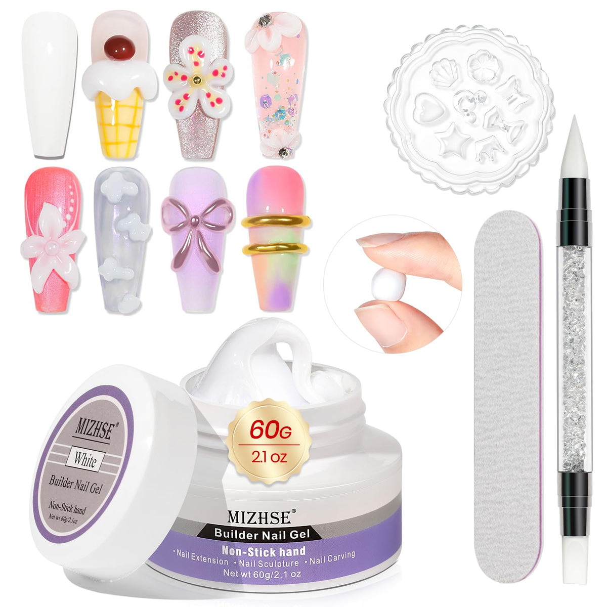 MIZHSE jar front view showing white 3D builder gel for easy identification and storage