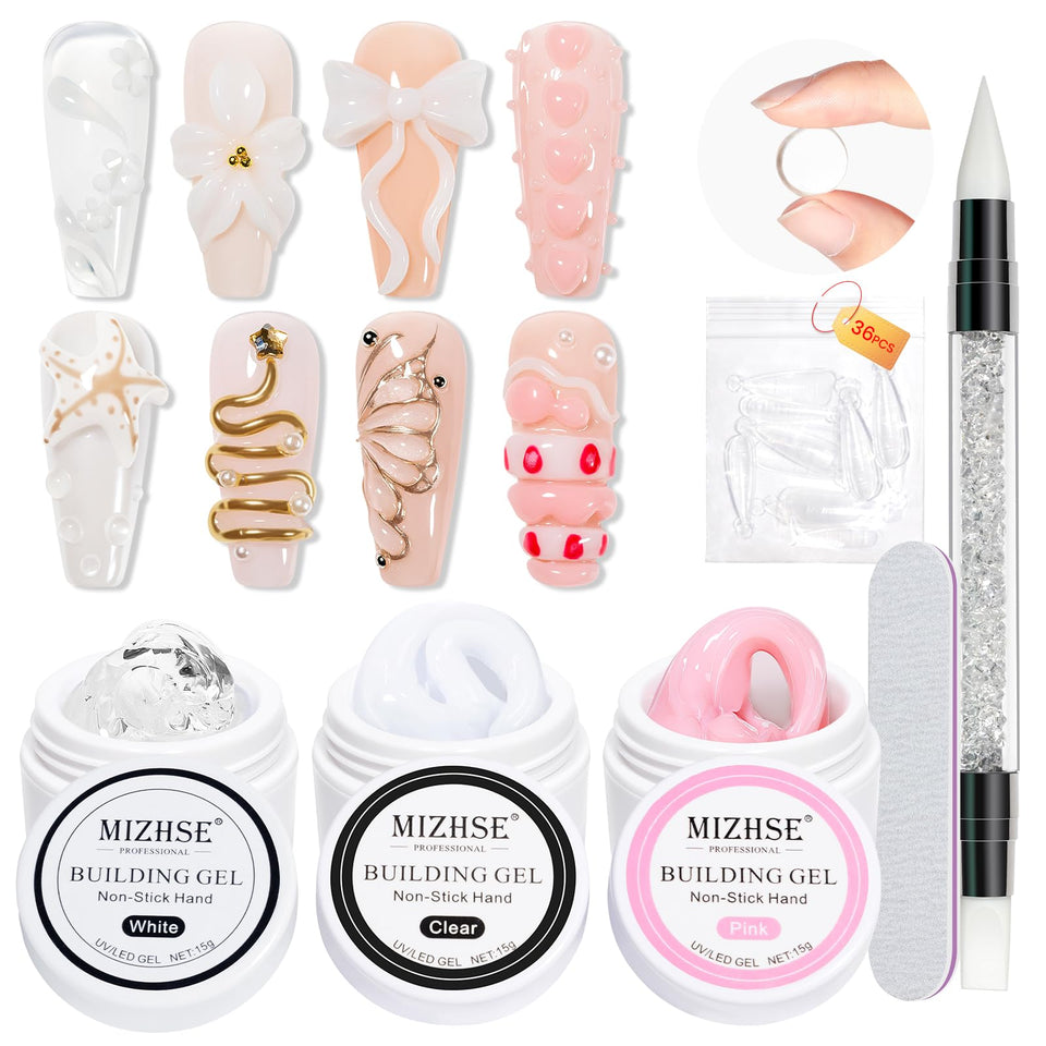 MIZHSE front packaging showing three builder gel jars and included tools for easy starter use
