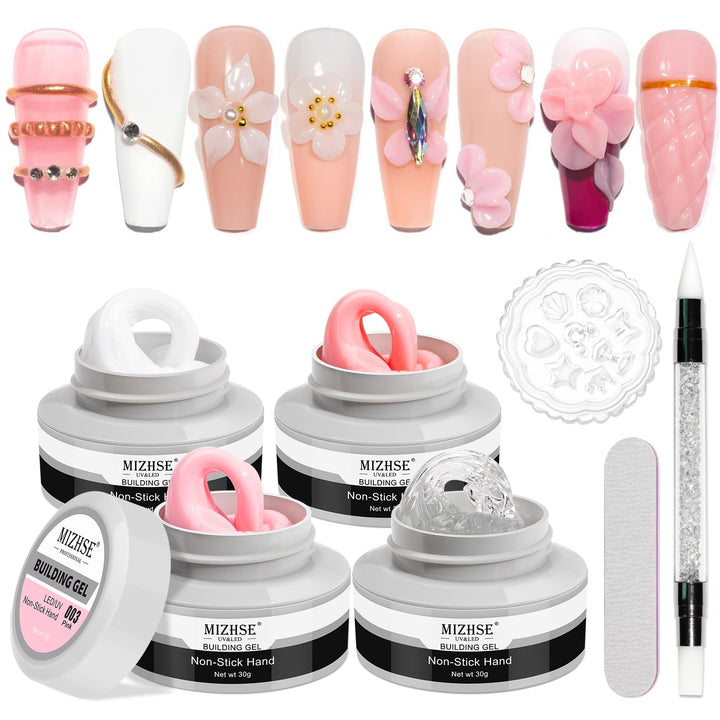 MIZHSE front packaging showing four solid builder gel pots and accessories for quick setup