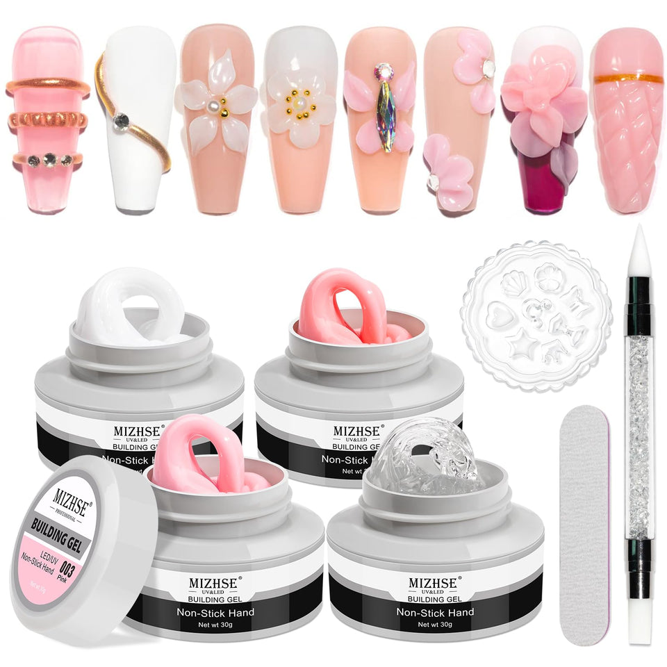 MIZHSE front packaging showing four solid builder gel pots and accessories for quick setup