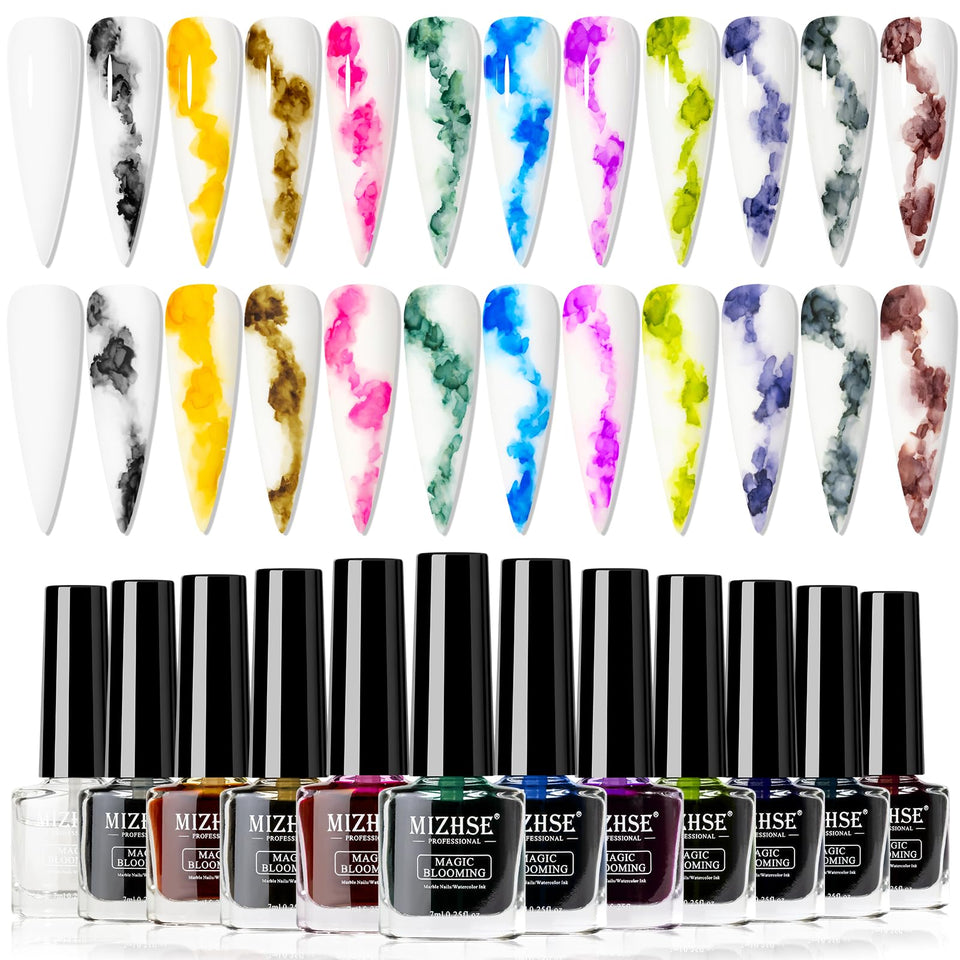 MIZHSE front packaging showing 12-color marble ink set and clear labeling for variety