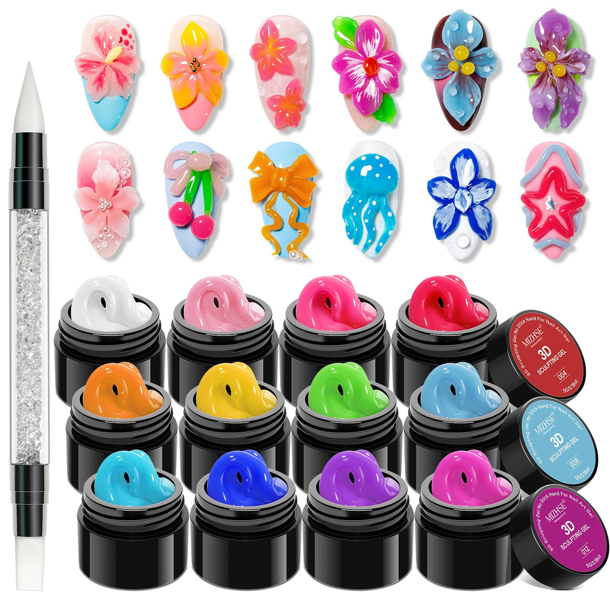 MIZHSE front packaging showing full 12-color sculpting set and pen, clear kit overview